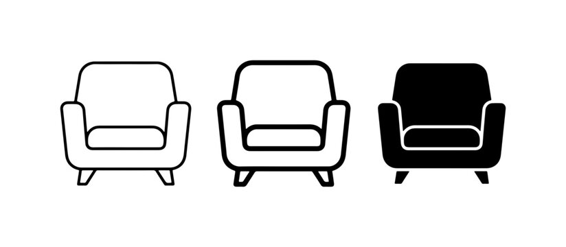 Armchair Icons Set: Outline, Filled Outline, Solid Black, Furniture Design Elements
