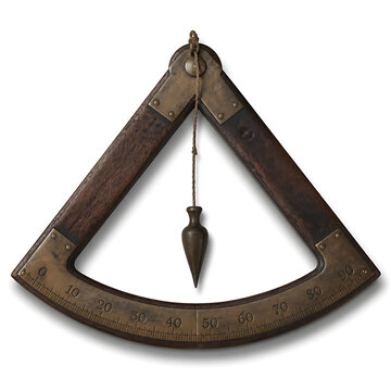Antique wooden maritime quadrant with brass plumb bob, vintage navigation tool isolated on pure white background