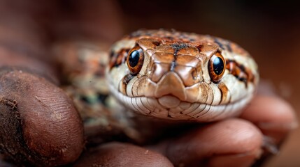 Fototapeta premium A close perspective of a hand gently holding a vibrant, patterned snake, revealing intricate details of the reptile's skin and showcasing a unique connection with nature.