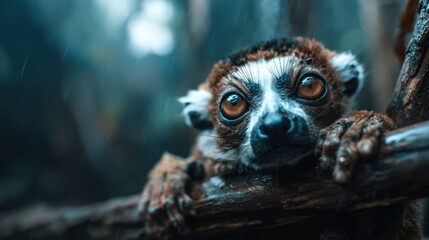 Fototapeta premium A close-up of a curious lemur perched on a branch, its expressive eyes reflecting curiosity and wonder as it explores its surroundings in a natural habitat.
