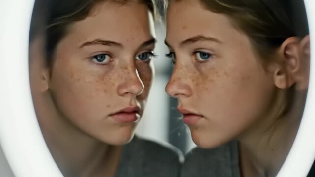 A young girl's face is mirrored, both looking intently. She has freckles, framed by a luminous ring light.