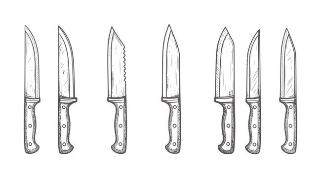Hand drawn collection of various kitchen knives white knife utensil cooking blade