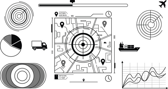 Abstract tech user interface infographic set with navigation map coordinates transport symbols and line graphs