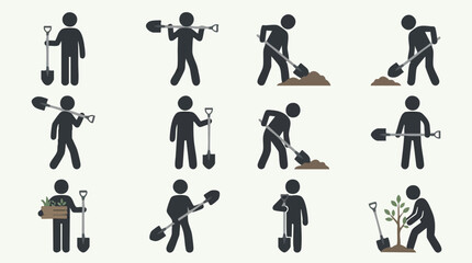 Set of stick figures demonstrating various gardening, digging, and planting actions with shovels © Aesthetica