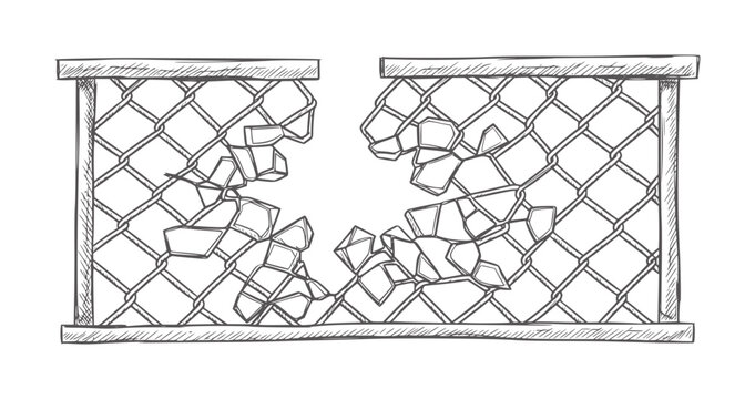 Hand drawn of a broken chain link fence with a large hole