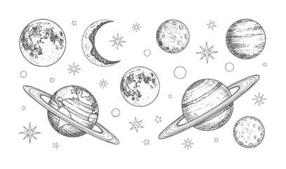 Hand drawn of planets moons and stars in a cosmic scene space © Mehedy