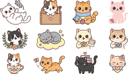 Fototapeta premium Cute kawaii cat cartoon character collection with adorable kitten poses, funny pet activities and playful sticker illustrations