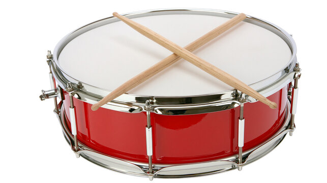 Red snare drum with crossed wooden drumsticks on white