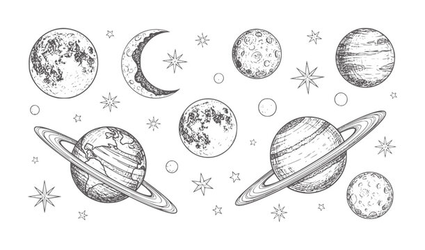 Hand drawn of planets moons and stars in a cosmic scene space