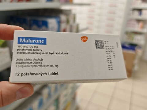 Prague,Czech Republic-April 2 2026: MALARONE Atovaquone Proguanil by GSK tablets used for malaria prevention and treatment