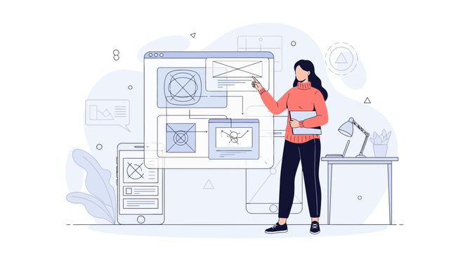 User Interface Design Process: Woman Presenting Wireframes and Mockups for App and Web Development