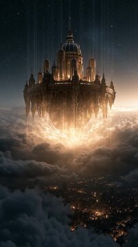 Magnificent golden celestial city floating among clouds and stars, divine and beautiful, with subtle cracks revealing hidden mechanical structures and shadowy Archon silhouettes, cinematic and surreal