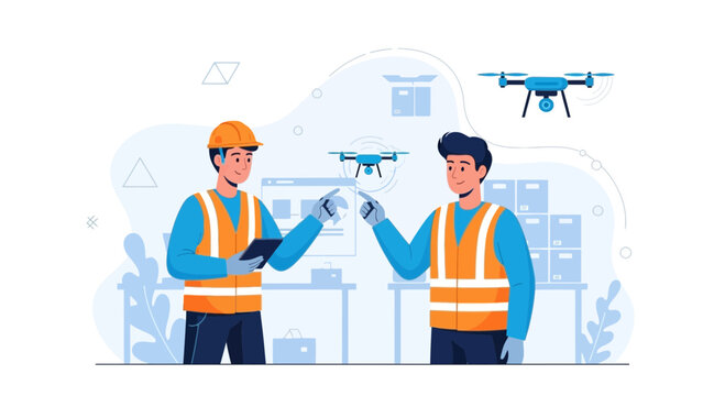 Warehouse workers using drones for logistics and inventory management, modern delivery concept