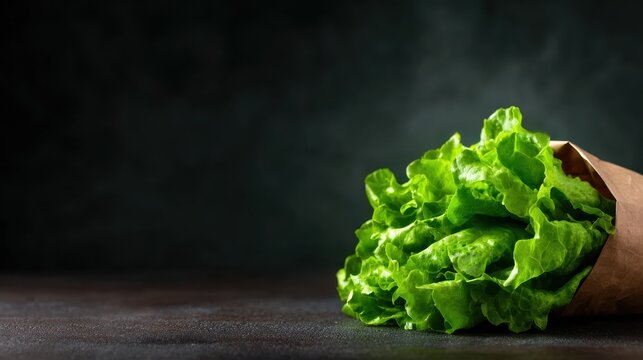 A fresh head of crisp lettuce lies in a rustic brown paper bag on a dark tabletop, symbolizing natural ingredients and healthy cooking for a wholesome meal.