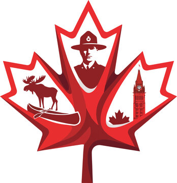 Canadian symbols and landmarks in a maple leaf  Mountie moose canoe clock tower