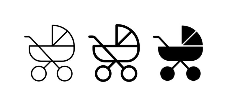 Baby Stroller Icons: Outline, Line Art, Solid Silhouette, Vector Graphics for Parenthood