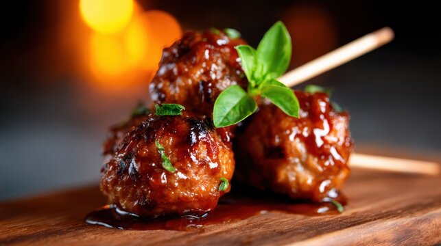 Succulent meatballs glazed with savory sauce are displayed on a rustic wooden board, emanating appetizing aromas that invite you to indulge in a satisfying meal.