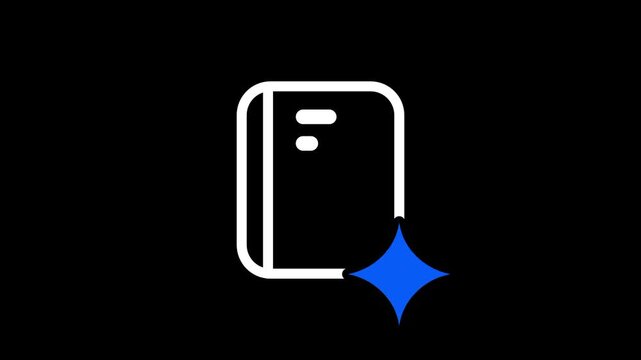 A dark black background featuring a white notebook or clipboard icon with a blue diamond sparkle symbol in the corner