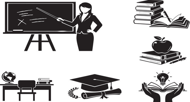 Education icons with teacher and school supplies and graduation cap and books and apple
