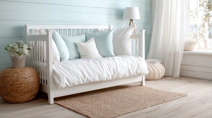 Fototapeta premium A serene and inviting cozy white daybed adorned with various soft pastel cushions, situated beside a sunlit window, creating a tranquil atmosphere perfect for relaxation and warmth.