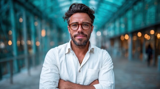 A confident man wearing glasses stands with crossed arms in a modern urban environment, exuding charisma and self-assuredness amidst a stylish, contemporary backdrop.