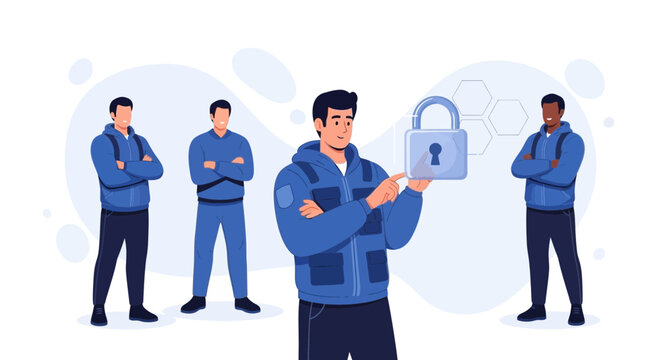 Team of security guards protect a digital padlock, symbolizing data protection, cybersecurity, and privacy in a modern flat illustration.