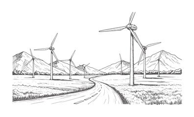 Of wind turbines in a field with a winding road and mountains black white monochrome © Mehedy