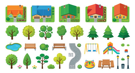 Fototapeta premium Collection Of Vector Houses Trees Park Elements On White Background