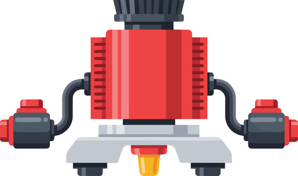 Red industrial robot toy with gray and yellow details isolated on white background