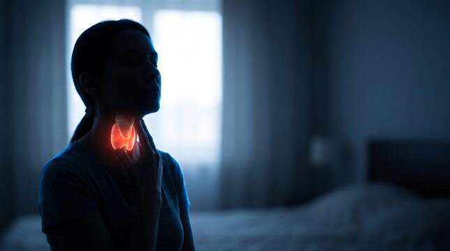 Silhouette of a person with an illuminated thyroid gland, symbolizing thyroid health issues or awareness in a dark room.