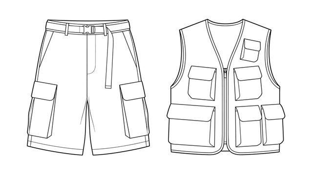 mens utility multi pocket vest and cargo shorts flat sketch vector illustration technical cad drawing template