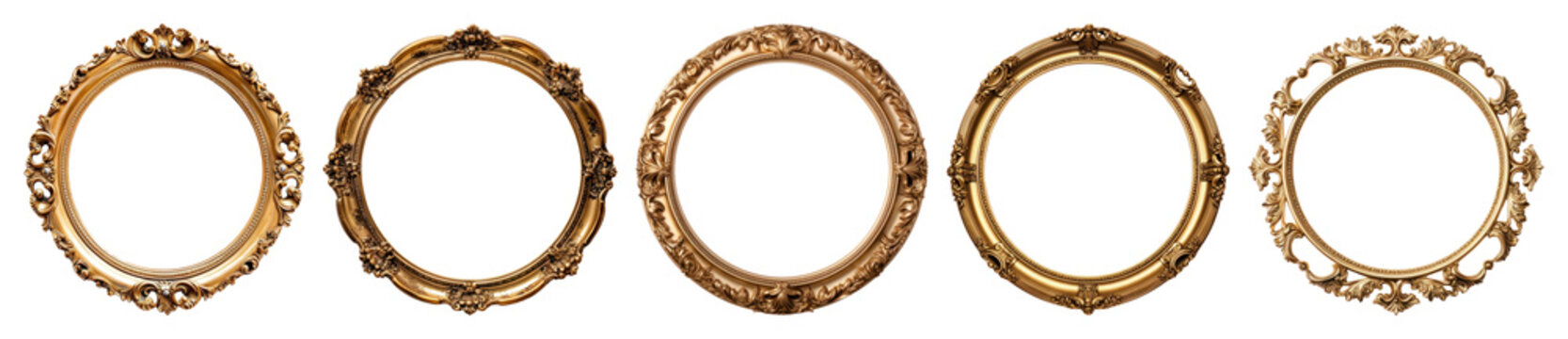 PNG Elegant ornate circular gold frames, transparent background