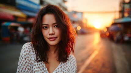 Obraz premium Captured during golden hour, this stunning portrait features a woman with radiant hair standing against a vibrant sunset backdrop on a lively city street, exuding warmth and charm.