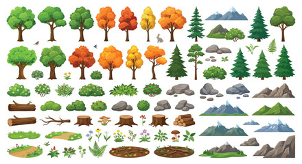 Collection Of Forest Elements Vector Illustration With Trees Bushes And Mountains © Sumon