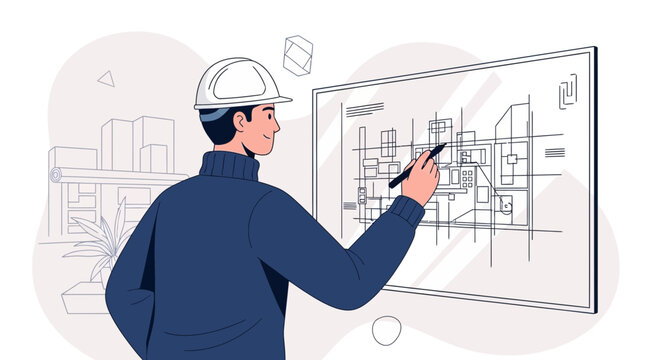Architect or Engineer designing a building blueprint on a large screen, professional, innovative, modern illustration