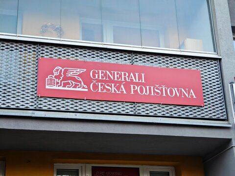 Prague,Czech Republic-April 2 2026: Generali Ceska pojistovna corporate sign displayed on the facade of an insurance office building