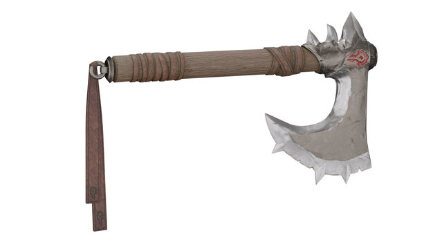 3d rendering of a battle axe with a curved blade and wooden handle
