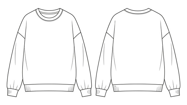 Basic oversized crewneck sweatshirt flat technical drawing illustration mock-up template for design and tech packs men or unisex fashion CAD streetwear minimalist clothing