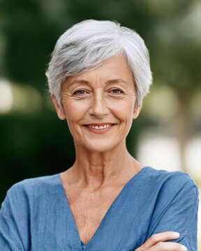 Authentic portrait of a smiling senior woman enjoying retirement lifestyle outdoors, positive aging concept