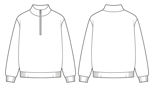 Half zip collar sweatshirt flat technical drawing illustration mock-up template for design and tech packs men or unisex fashion CAD streetwear quarter zip pullover