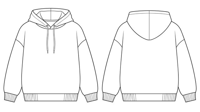 Classic oversized hoodie flat technical drawing illustration mock-up template for design and tech packs men or unisex fashion CAD streetwear hooded sweatshirt