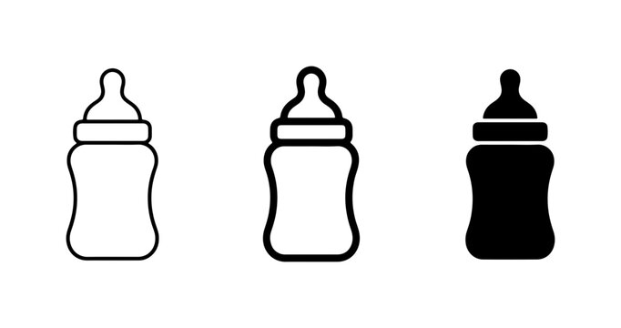 Baby Bottle Icons, Newborn Feeding Supplies, Infant Care Vector Graphics, Simple Outline and Silhouette