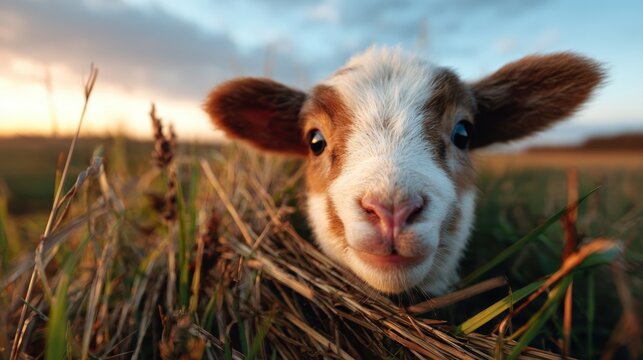 Close-up of an inquisitive calf looking over a haystack, capturing the essence of farm life and the innocence of nature, set against a picturesque sunset landscape.