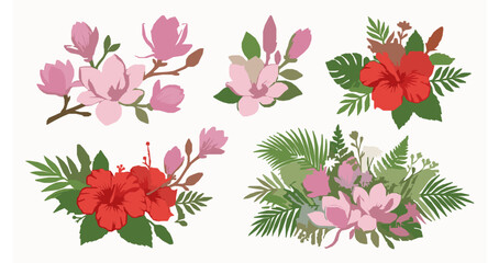 Pink Magnolia and Red Hibiscus Tropical Botanical Vector Set with Exotic Hawaiian Leaves © Wahida