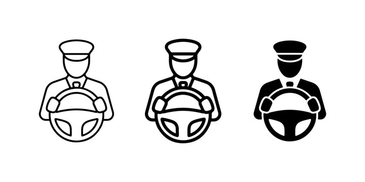 Driver Icons, Chauffeur Symbols, Car Steering Wheel Vector Graphics Set