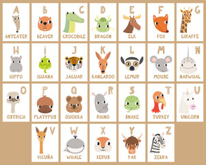 Fototapeta premium Cute animals, English alphabet, ABC letters cards, flashcards. Wildlife cartoon characters. Kids preschool, school educational, learning materials. Hand drawn flat vector illustration, design element