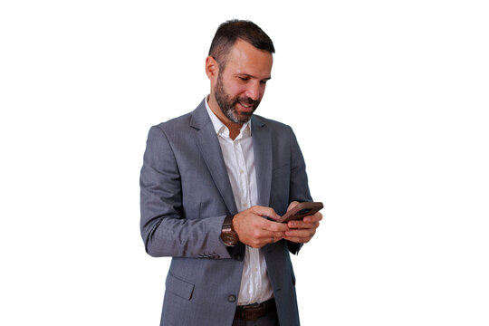 Man in suit making a casual business communication using smartphone, networking in social media, transparent background