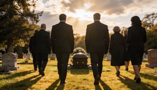Pallbearer solemn walk at sunset with casket and long shadows across peaceful cemetery lawn
