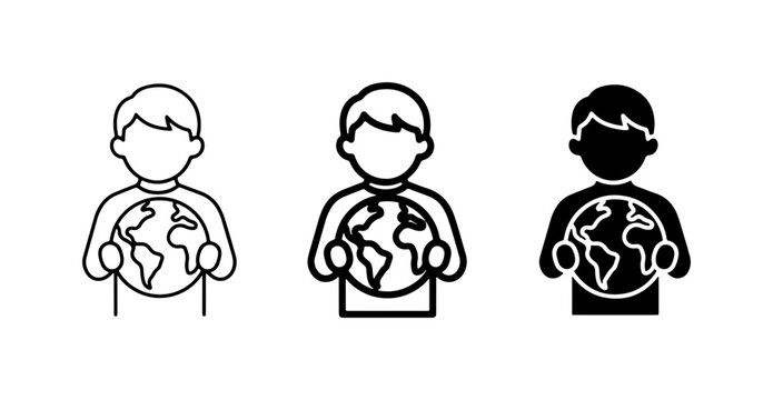 Humanity Holding Planet Earth Icons, Global Care & Conservation Vector Set