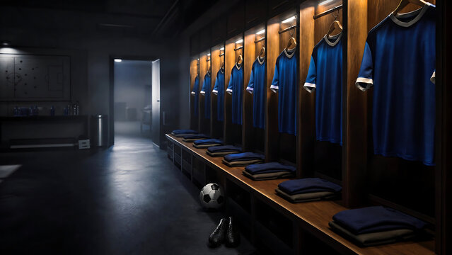 Empty locker room with blue jerseys and soccer ball